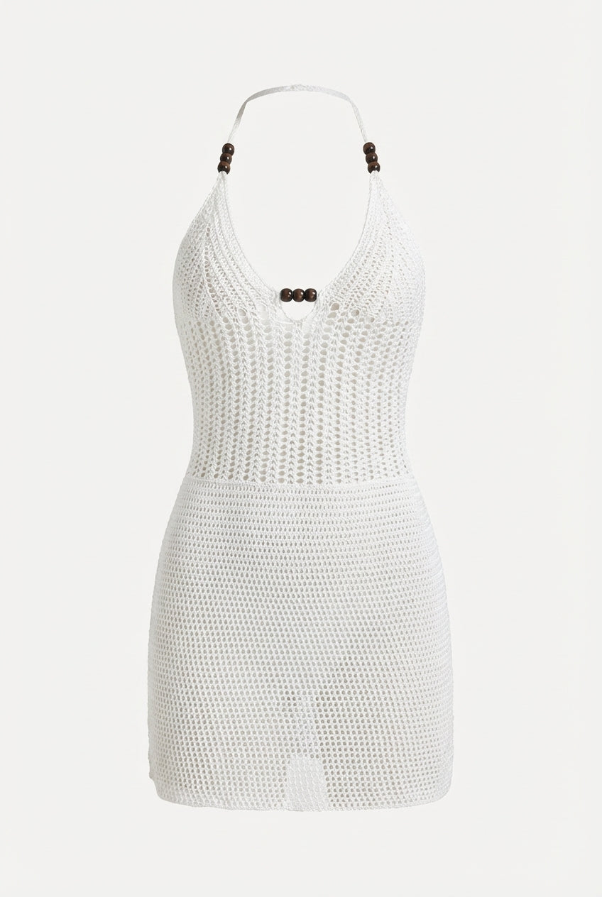 Avoria | Crochet Mini Dress White Halter Neck Beachwear for Women
