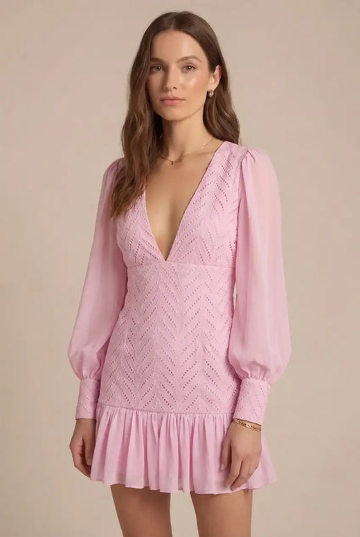 Avoria | Mini Dress Wedding Guest Pink V-Neck Long Sleeve