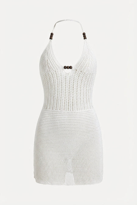 Avoria | Crochet Mini Dress White Halter Neck Beachwear for Women