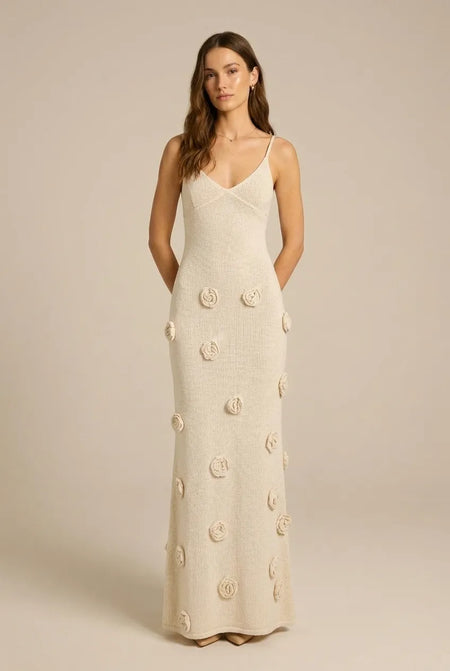 Avoria | Floral Appliqué Summer Knit Women’s Dress Beige
