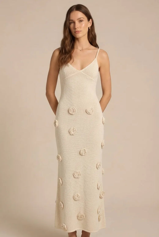 Avoria | Floral Appliqué Summer Knit Women’s Dress Beige